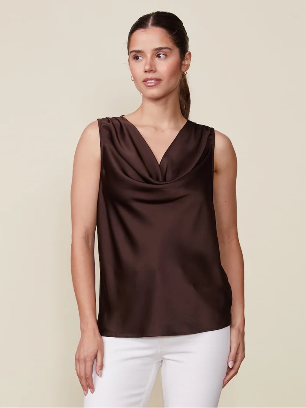 Ann Taylor Chocolate Brown Satin Cowl Neck Sleeveless Blouse Size 8 NWOT